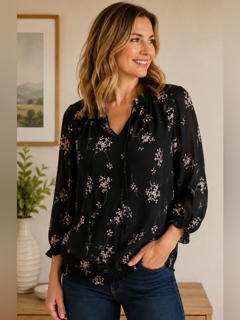 Reitmans Black Sheer Floral Tie-Neck Blouse